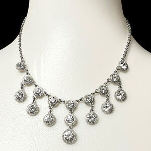 Monet Rhinestone Drop Necklace Silver Tone Crystal Charm Fringe Bib Retro Glam